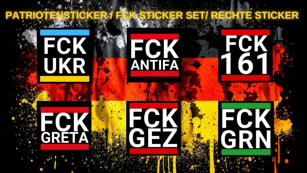 Beliebte FCK Aufkleber selbst gestalten: Verschiedene Designs wie FCK GRN, FCK ANTIFA, FCK UKR und FCK 161 auf einem Bild zur Inspiration.