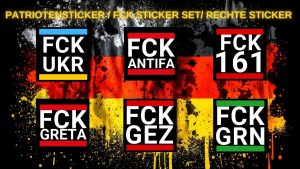 Beliebte FCK Aufkleber selbst gestalten: Verschiedene Designs wie FCK GRN, FCK ANTIFA, FCK UKR und FCK 161 auf einem Bild zur Inspiration.