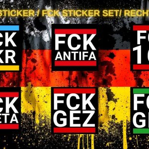 Beliebte FCK Aufkleber selbst gestalten: Verschiedene Designs wie FCK GRN, FCK ANTIFA, FCK UKR und FCK 161 auf einem Bild zur Inspiration.