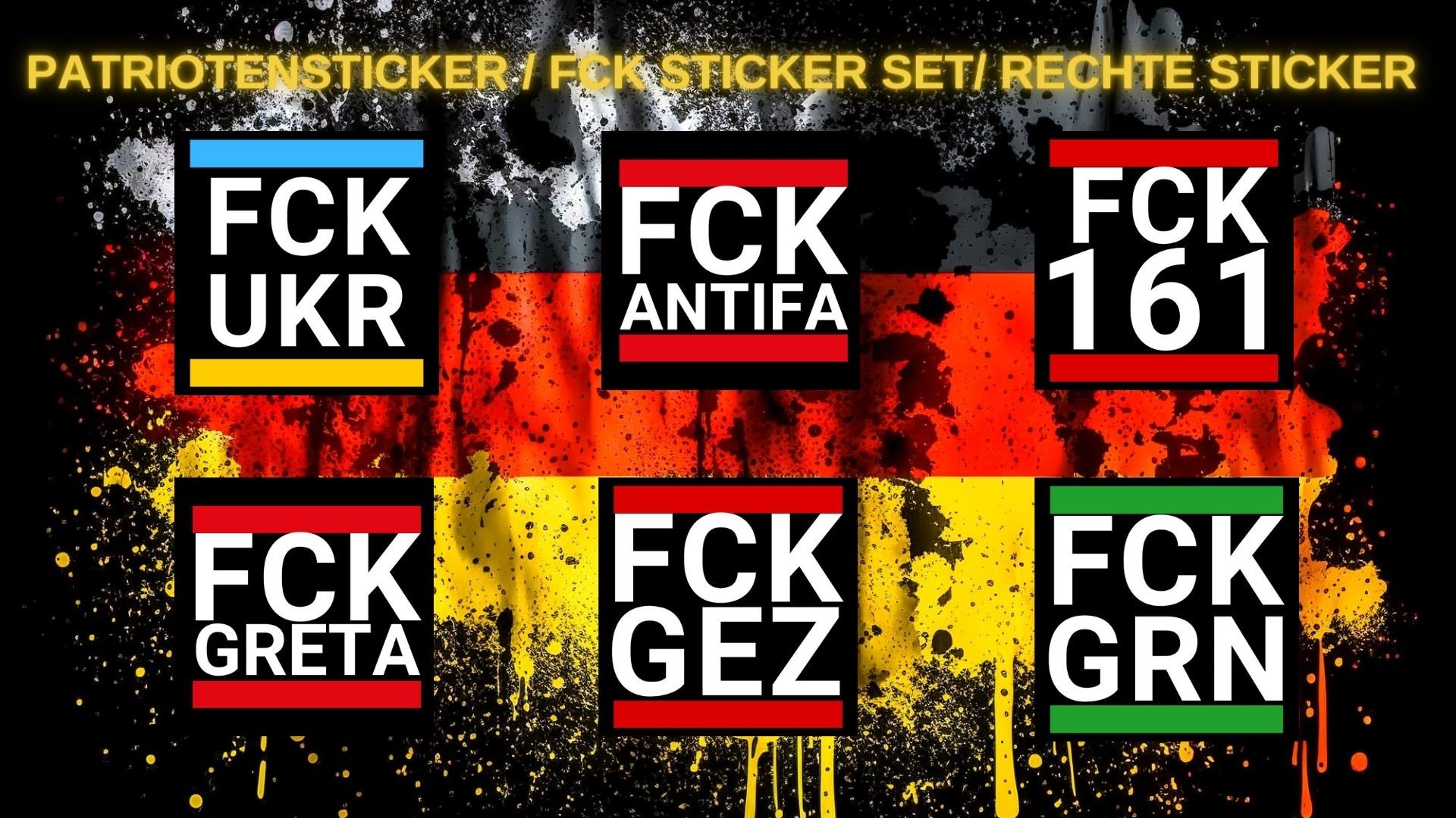 Beliebte FCK Aufkleber selbst gestalten: Verschiedene Designs wie FCK GRN, FCK ANTIFA, FCK UKR und FCK 161 auf einem Bild zur Inspiration.