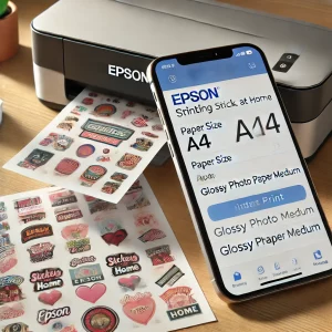 Ein Smartphone zeigt die Epson Drucker App mit den Einstellungen für das Aufkleber drucken Zuhause, während ein Blatt mit gedruckten Stickern auf einem Tisch liegt.