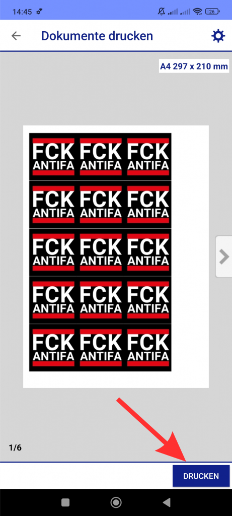 Beispiel eines Aufkleberdrucks Zuhause mit der Epson Drucker App, der den fertigen Sticker im A4-Format zeigt.