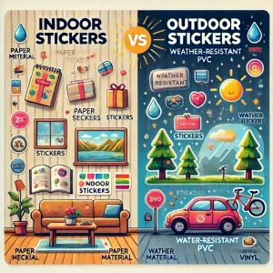 Illustration der Unterschiede zwischen Indoor und Outdoor Aufkleber: Links Papieraufkleber für den Innenbereich, rechts wetterfeste PVC-Aufkleber für den Außenbereich, mit passenden Anwendungsbeispielen.
