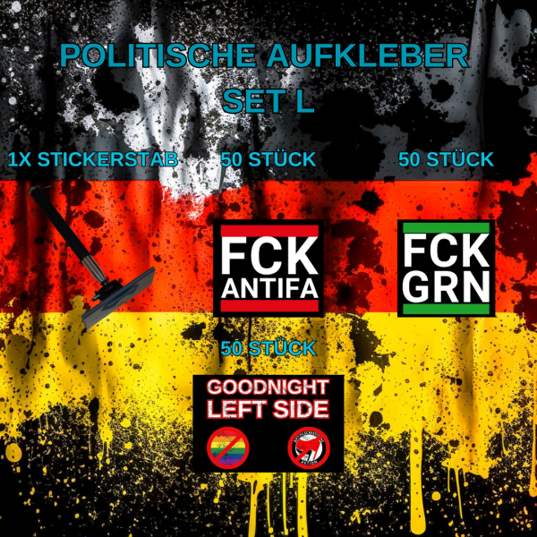 Entdecke das Sticker und Stickerstab Set L mit 150 wetterfesten Stickern. Langlebig, auffällig und ideal für klare Statements. Jetzt kaufen und Meinung zeigen!