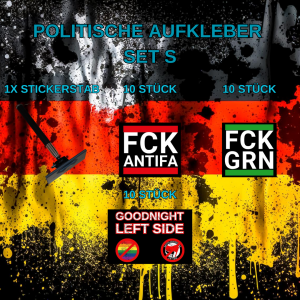 Politische Sticker Set S mit 30 Stickern (FCK ANTIFA, FCK GRN, Goodnight Left Side) und einem Stickerstab vor schwarz-rot-goldenem Hintergrund.