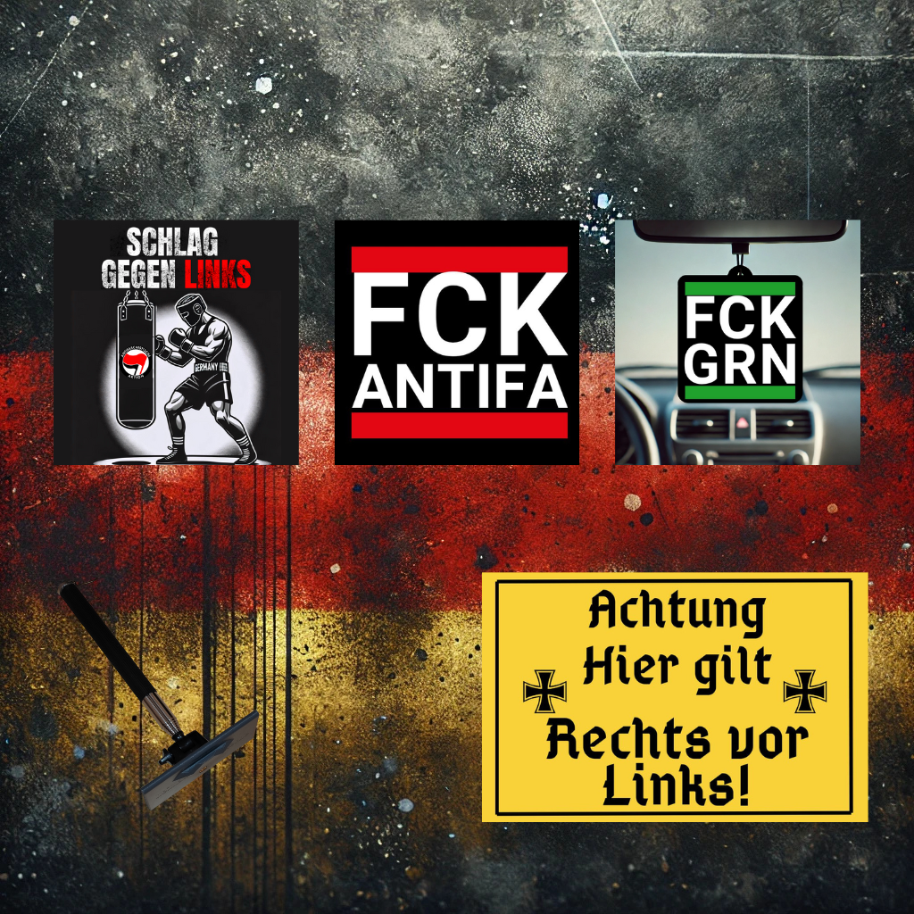 Collage mit den fünf beliebtesten Aufklebern gegen die Antifa: Schlag gegen Links, FCK ANTIFA, FCK GRN Duftbaum, Stickerstab und Rechts vor Links Aufkleber. Keywords: Aufkleber gegen die Antifa, politische Aufkleber, FCK ANTIFA, Schlag gegen Links, FCK GRN Duftbaum.