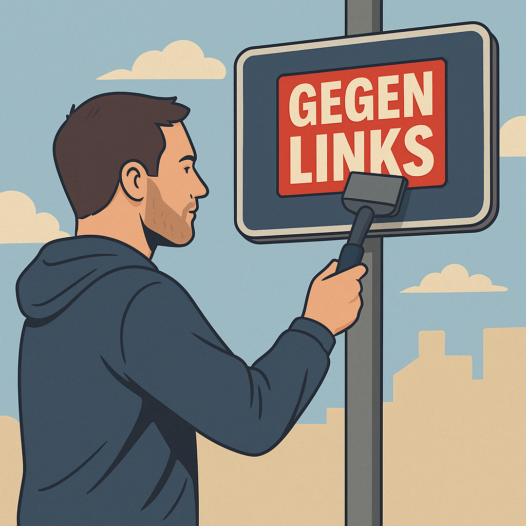 Mann klebt mit Stickerstab einen GEGEN LINKS Aufkleber auf ein Straßenschild bei blauem Himmel – politische Meinungsäußerung mit rechten Stickern