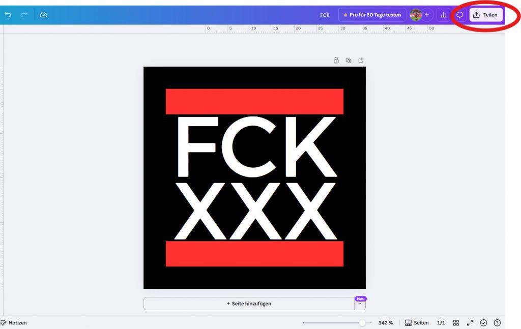 ALT: Canva Oberfläche mit FCK Sticker Vorlage und Teilen-Button zur Weiterverarbeitung