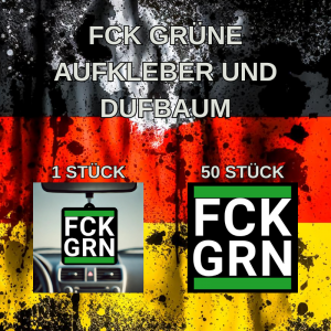 CK GRN Aufkleber und Duftbaum im Set – 50 Sticker (5,5 cm) + Auto-Duftbaum (7 cm) vor Deutschland-Flagge, politisches Statement gegen grüne Politik