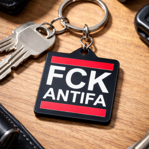 „Schwarzer FCK Antifa Schlüsselanhänger mit rotem Balken und weißer Schrift auf Holzoberfläche, hochwertiges Produktfoto.“