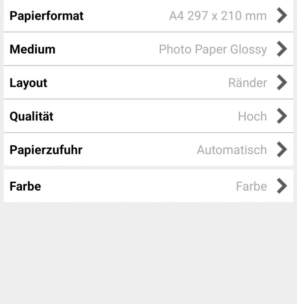 Druckeinstellungen in der Epson Drucker App für das Aufkleber drucken Zuhause, inklusive Papierformat, Qualität und Medium-Auswahl.